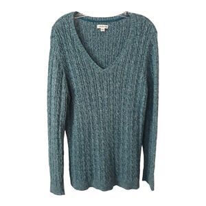 Croft & Barrow Cable Knit Sweater Large Heather Teal Blue V-Neck Pull Over Cozy